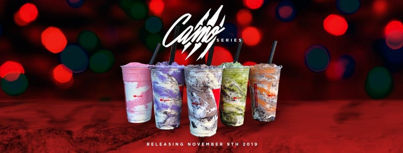 Five colorful Zero Degrees Camo Series drinks with straws against a red bokeh background.