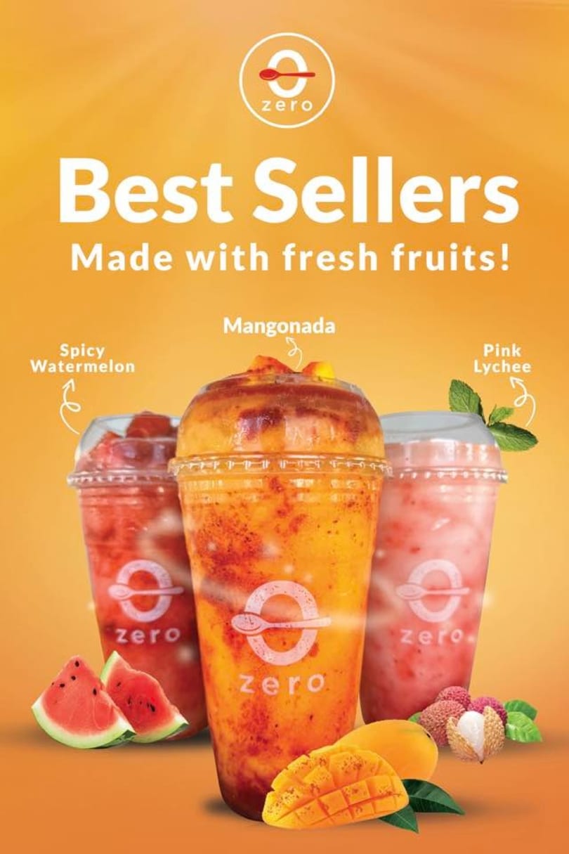 Three Zero Degrees fruit drinks: Mangonada, Spicy Watermelon, and Pink Lychee, with fresh fruit.